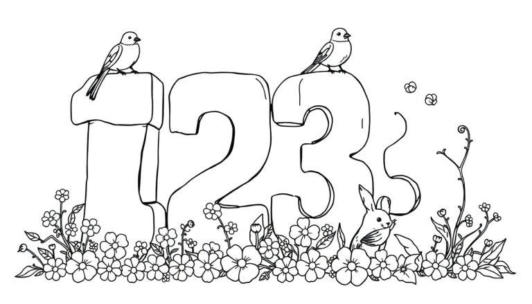 Kleurplaat van de cijfers 1, 2 en 3 met bloemen, vogels en een konijntje.