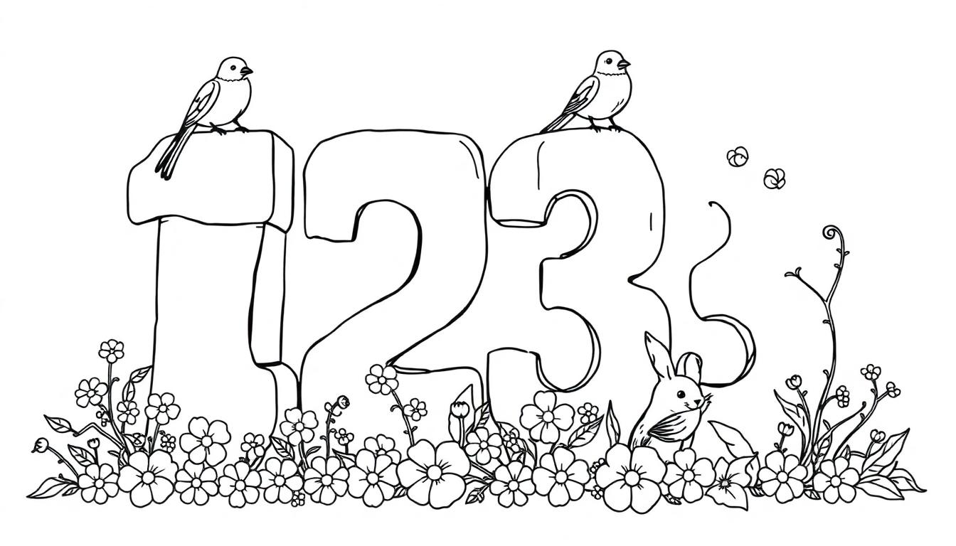 Kleurplaat van de cijfers 1, 2 en 3 met bloemen, vogels en een konijntje.