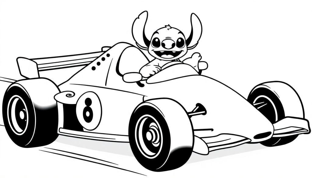 Kleurplaat van Stitch in een raceauto met grote oren, brede lach en nummer 8 op de zijkant.