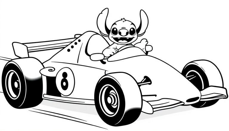Kleurplaat van Stitch in een raceauto met grote oren, brede lach en nummer 8 op de zijkant.