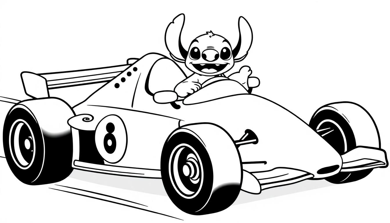 Kleurplaat van Stitch in een raceauto met grote oren, brede lach en nummer 8 op de zijkant.