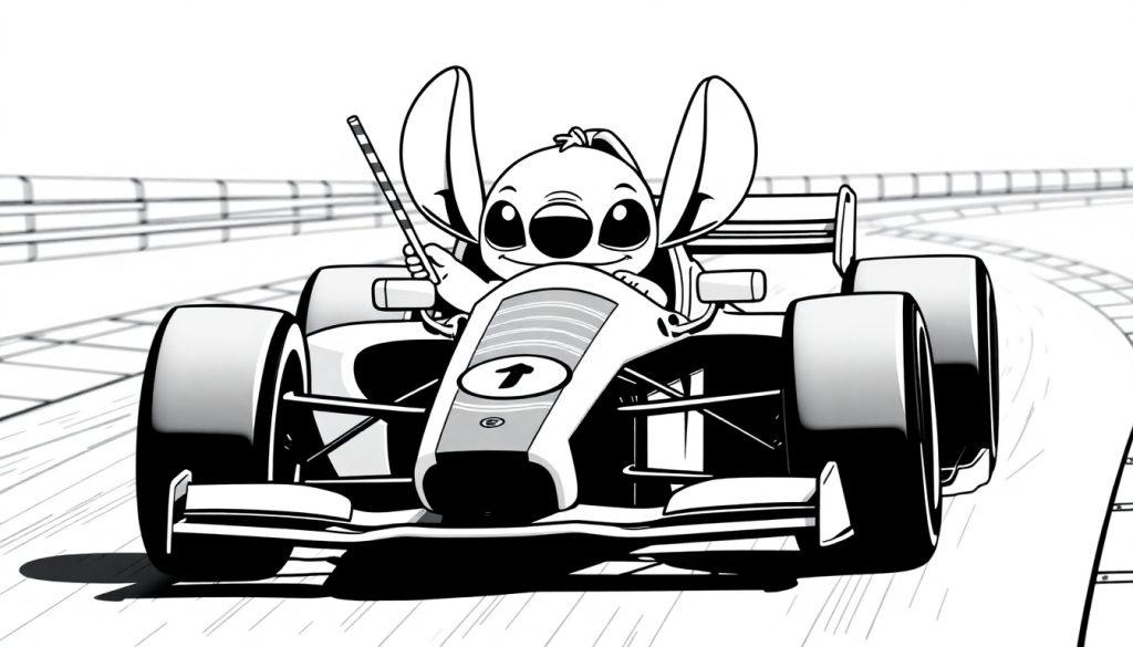 Zwart-wit kleurplaat van een raceauto met Stitch-achtig figuurtje dat een vlag vasthoudt.