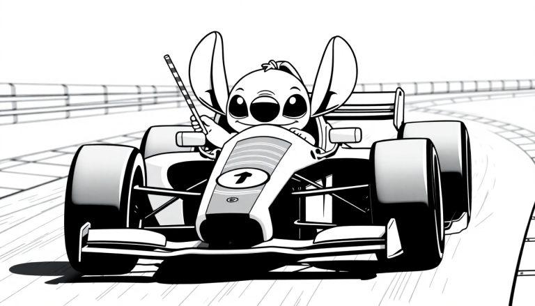 Zwart-wit kleurplaat van een raceauto met Stitch-achtig figuurtje dat een vlag vasthoudt.