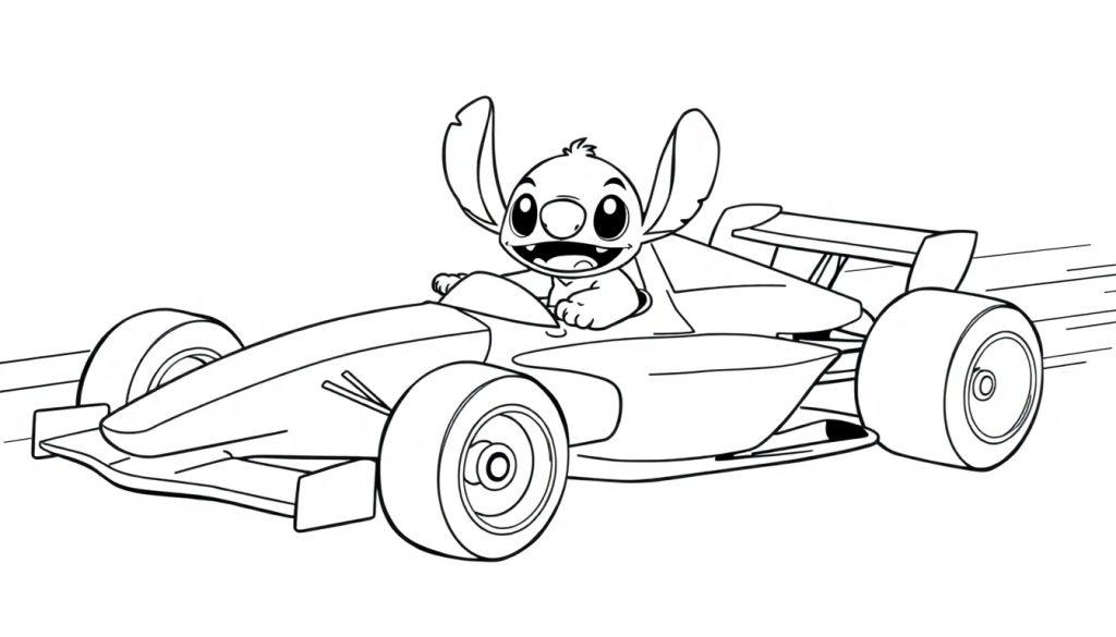 Kleurplaat van Stitch in een snelle Formule 1 raceauto.