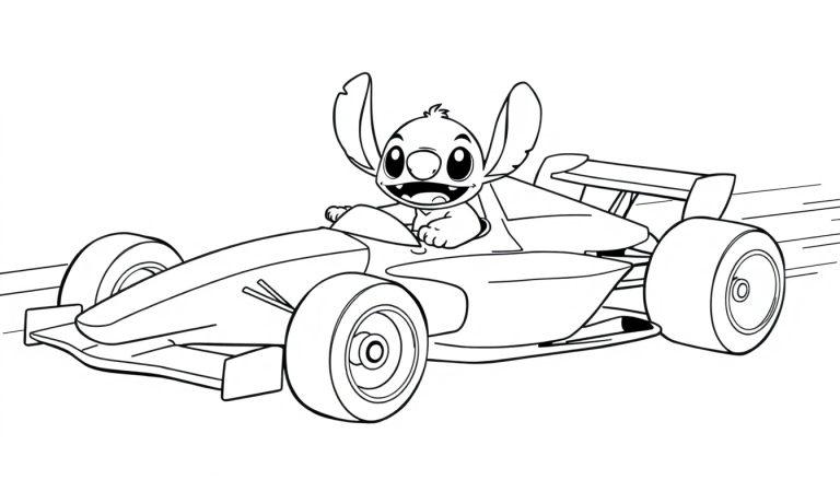 Kleurplaat van Stitch in een snelle Formule 1 raceauto.