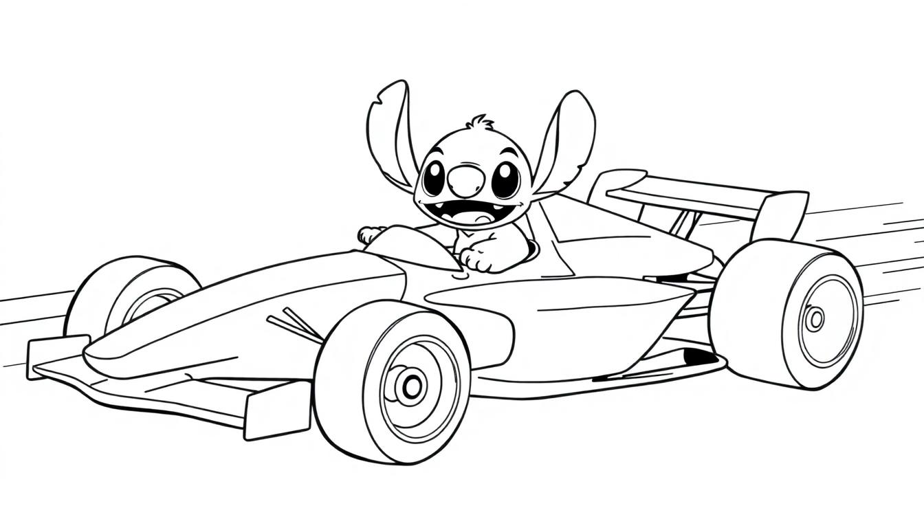 Kleurplaat van Stitch in een snelle Formule 1 raceauto.