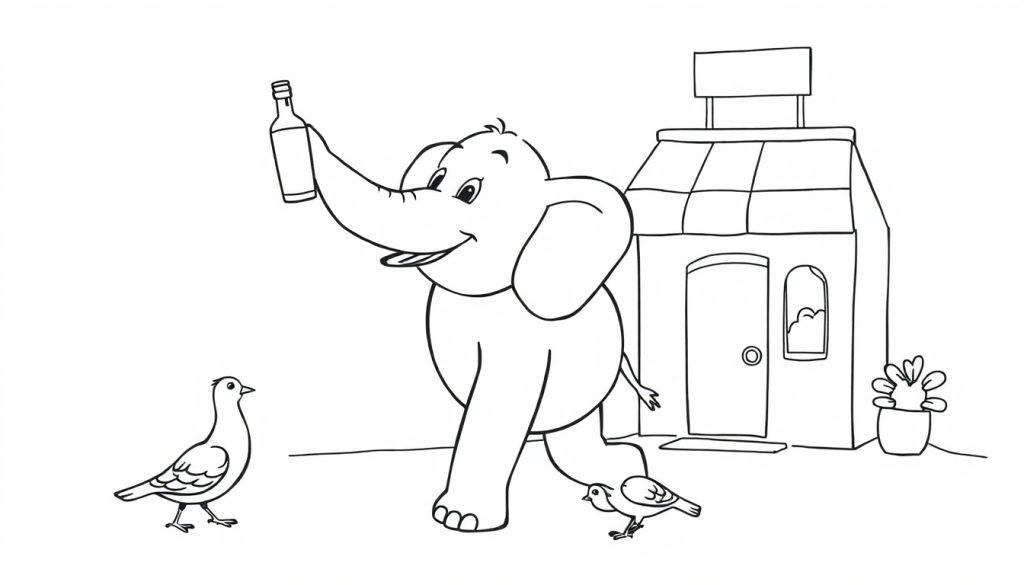Kleurplaat van een vrolijke olifant met een fles in zijn slurf buiten bij een gebouw met een raampje, deur, luifel en vogels op de grond.