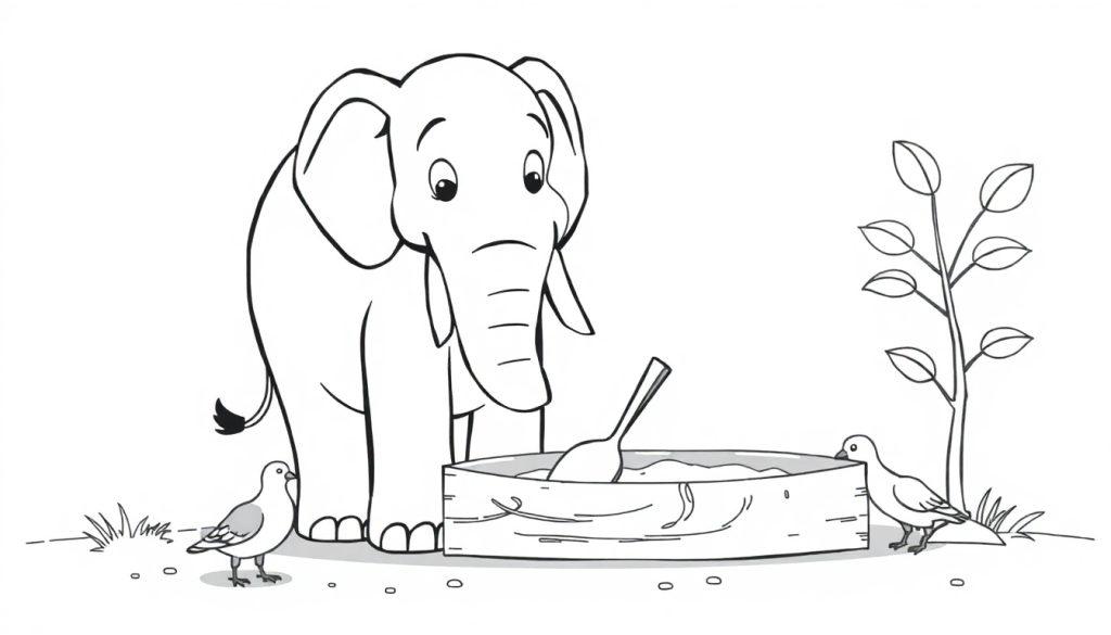 Zwart-witte kleurplaat met een nieuwsgierige olifant bij een houten bak, twee vogels en een boom.