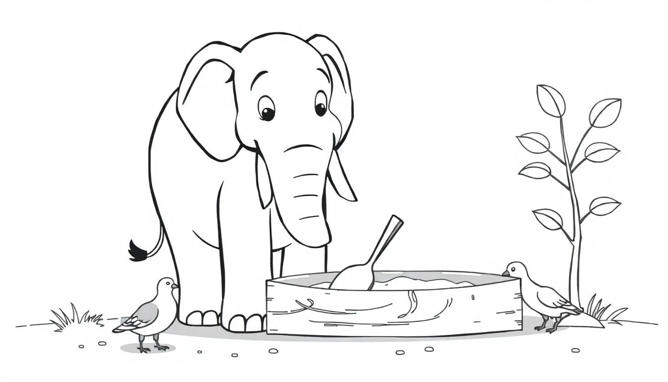 Zwart-witte kleurplaat met een nieuwsgierige olifant bij een houten bak, twee vogels en een boom.