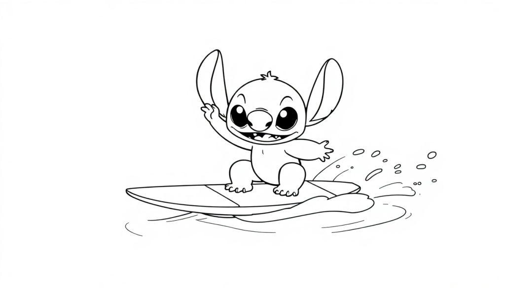 Kleurplaat van Stitch die surft op een golf met een brede glimlach en zwaaiende arm.