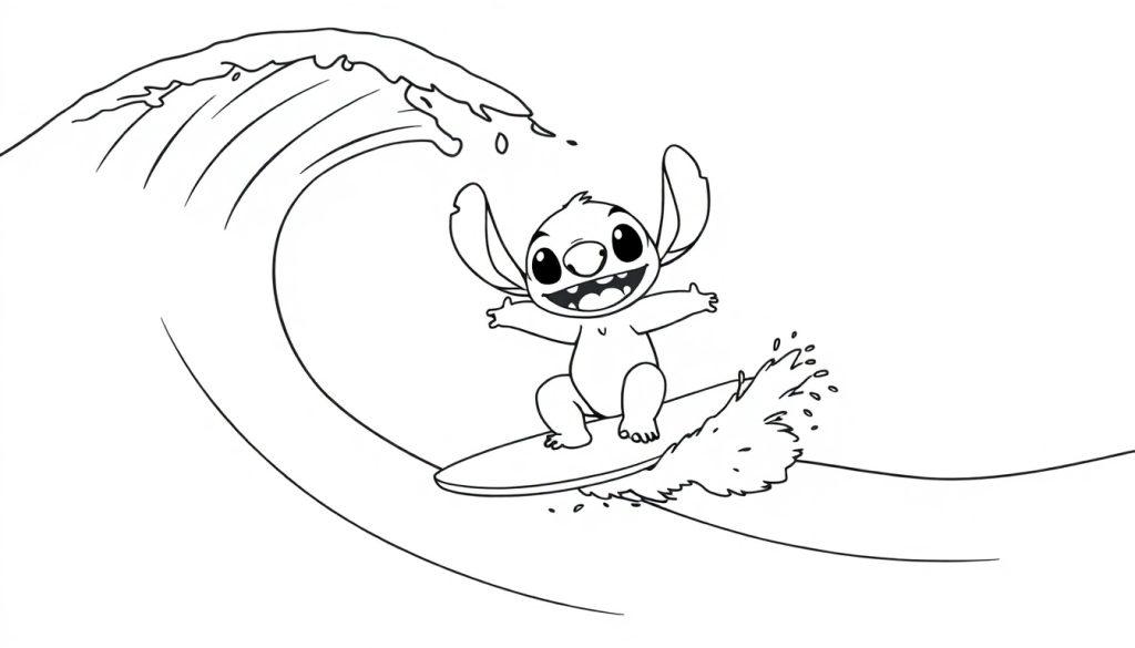 Kleurplaat van Stitch die vrolijk surft op een grote golf met een brede glimlach.