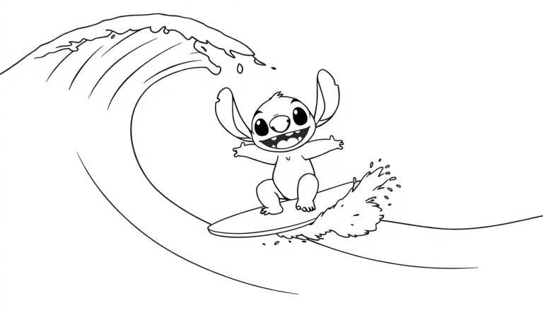 Kleurplaat van Stitch die vrolijk surft op een grote golf met een brede glimlach.