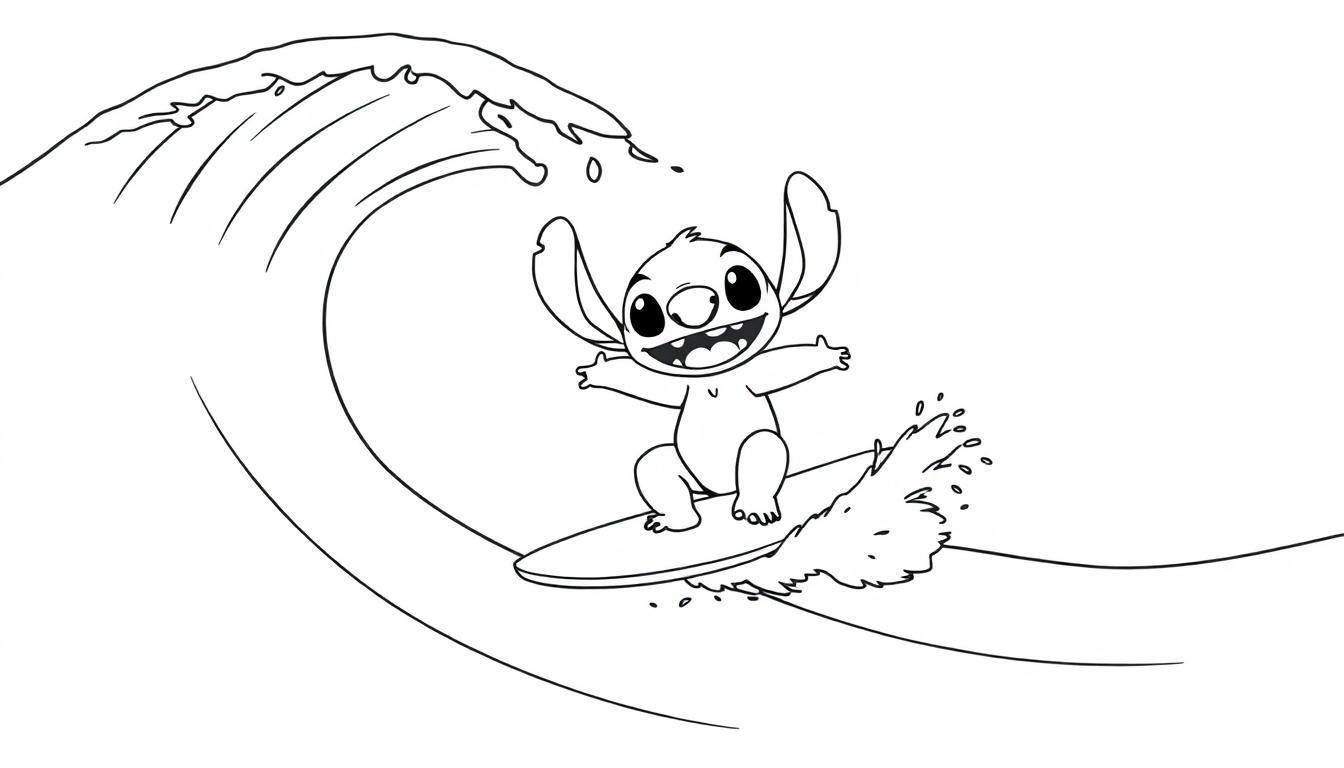 Kleurplaat van Stitch die vrolijk surft op een grote golf met een brede glimlach.
