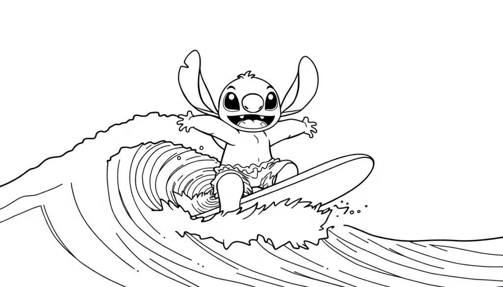 Een kleurplaat van Stitch die vrolijk op een surfplank een grote golf berijdt.