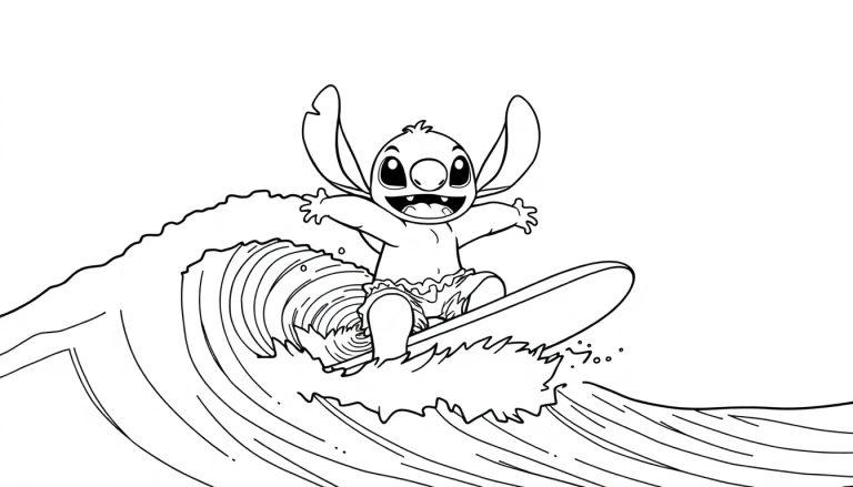 Een kleurplaat van Stitch die vrolijk op een surfplank een grote golf berijdt.