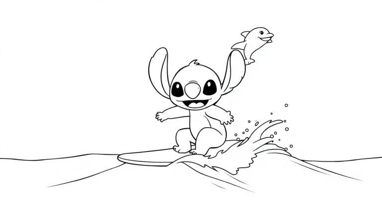 Een vrolijke kleurplaat van Stitch die surft op zee met een dolfijn die springt op de achtergrond.