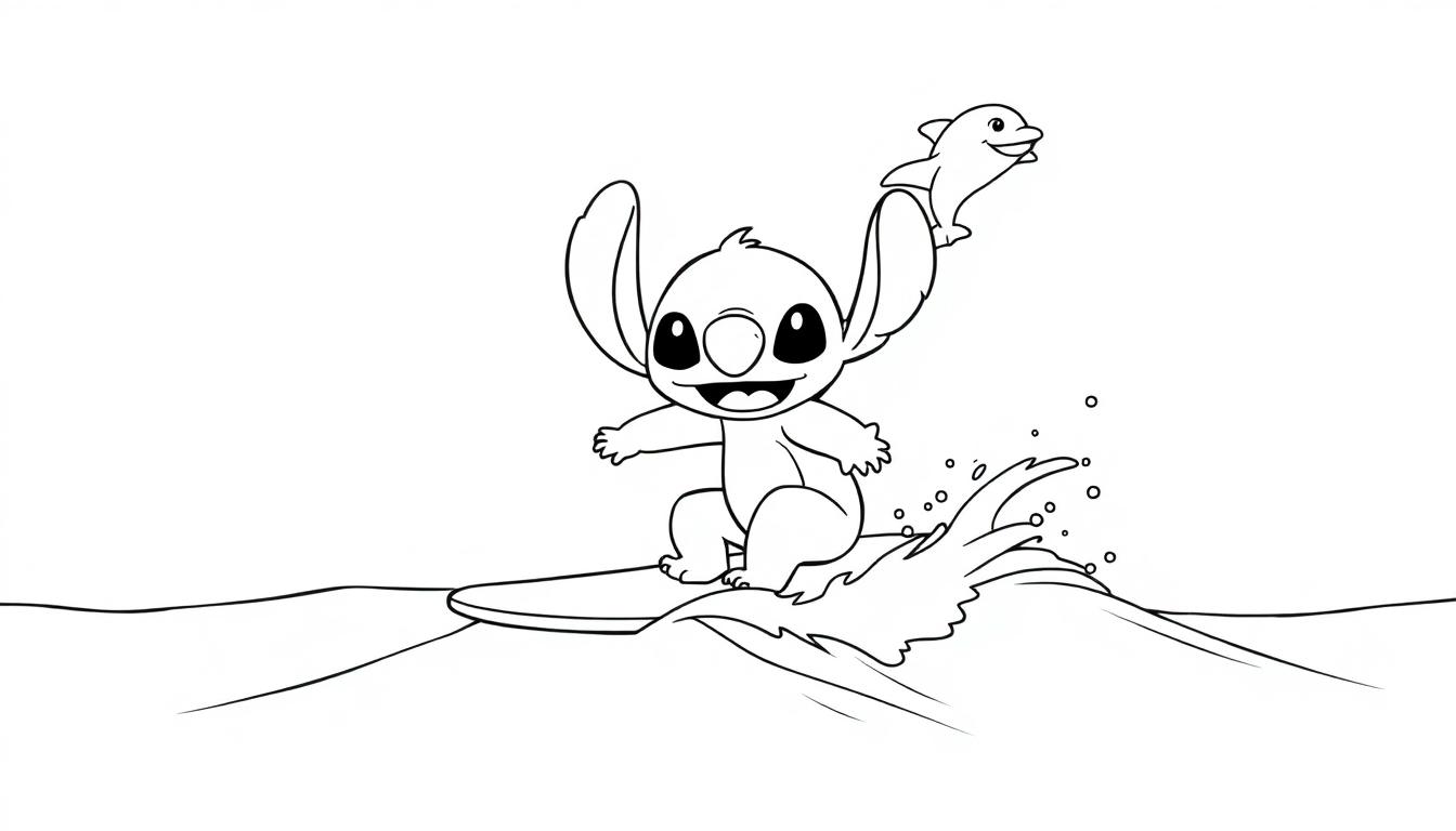 Een vrolijke kleurplaat van Stitch die surft op zee met een dolfijn die springt op de achtergrond.