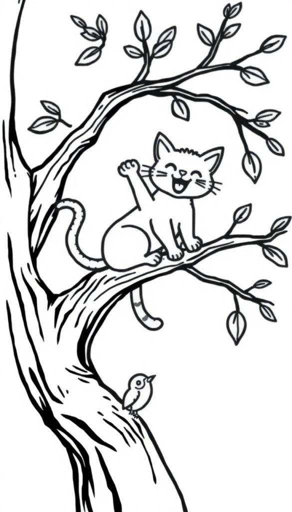 Kleurplaat van een lachende kat in een boom met een vogel erbij.