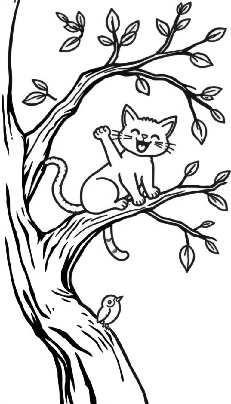 Kleurplaat van een lachende kat in een boom met een vogel erbij.