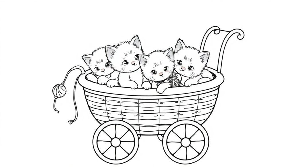 Kleurplaat van een kinderwagen gevuld met vier nieuwsgierige kittens en een bolletje wol aan een touwtje.