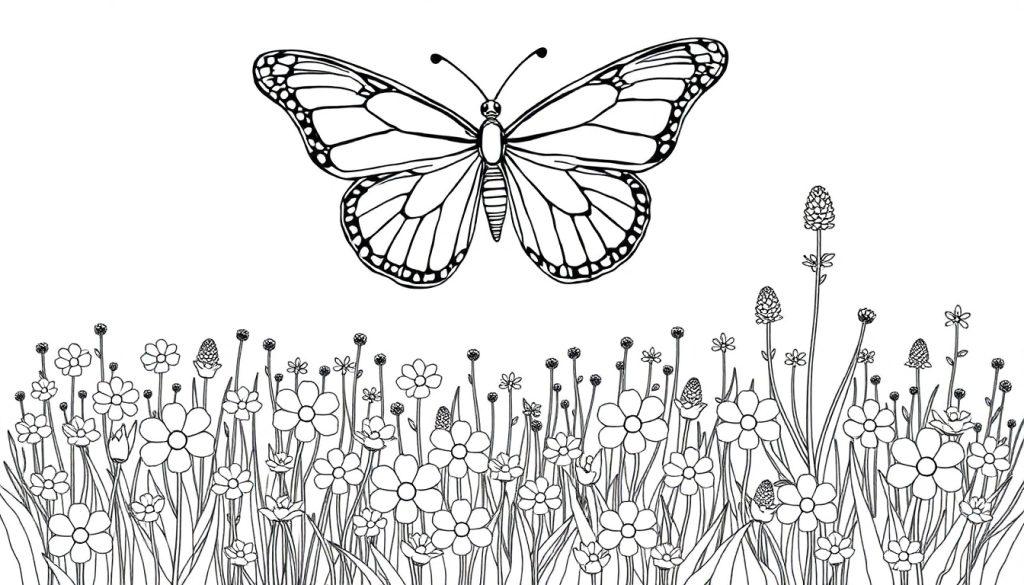 Kleurplaat van een vlinder die boven een bloemenveld vliegt met veel bloemen en planten.