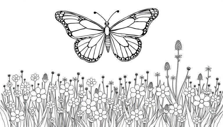 Kleurplaat van een vlinder die boven een bloemenveld vliegt met veel bloemen en planten.