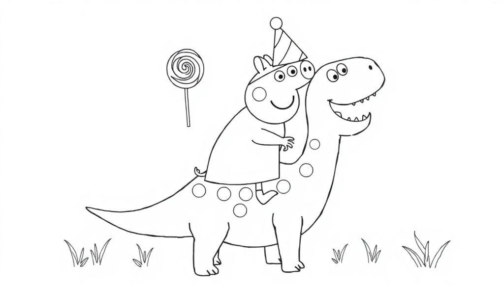 Een kleurplaat met een vrolijke dinosaurus waar een figuurtje met feestmuts op zit, samen met een lolly en graspolletjes.
