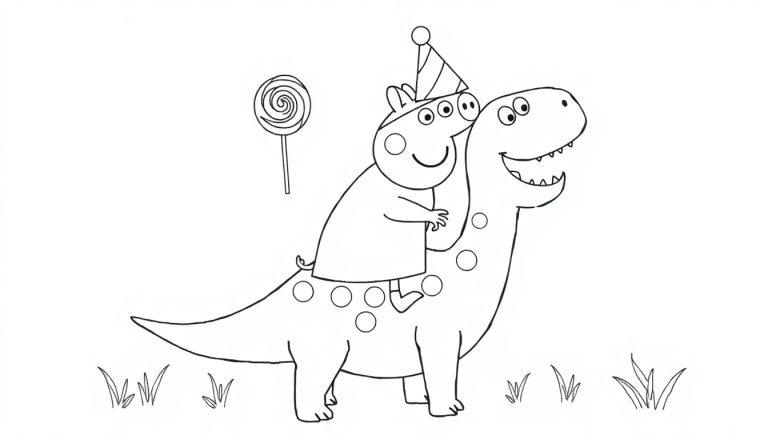 Een kleurplaat met een vrolijke dinosaurus waar een figuurtje met feestmuts op zit, samen met een lolly en graspolletjes.