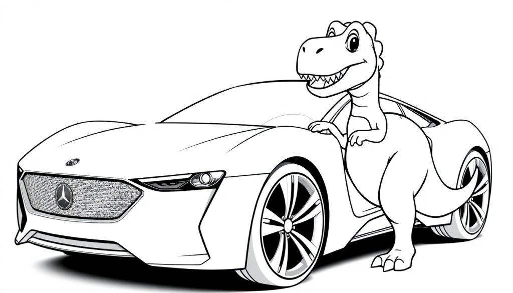 Kleurplaat van een lachende dinosaurus die leunt op een sportauto.
