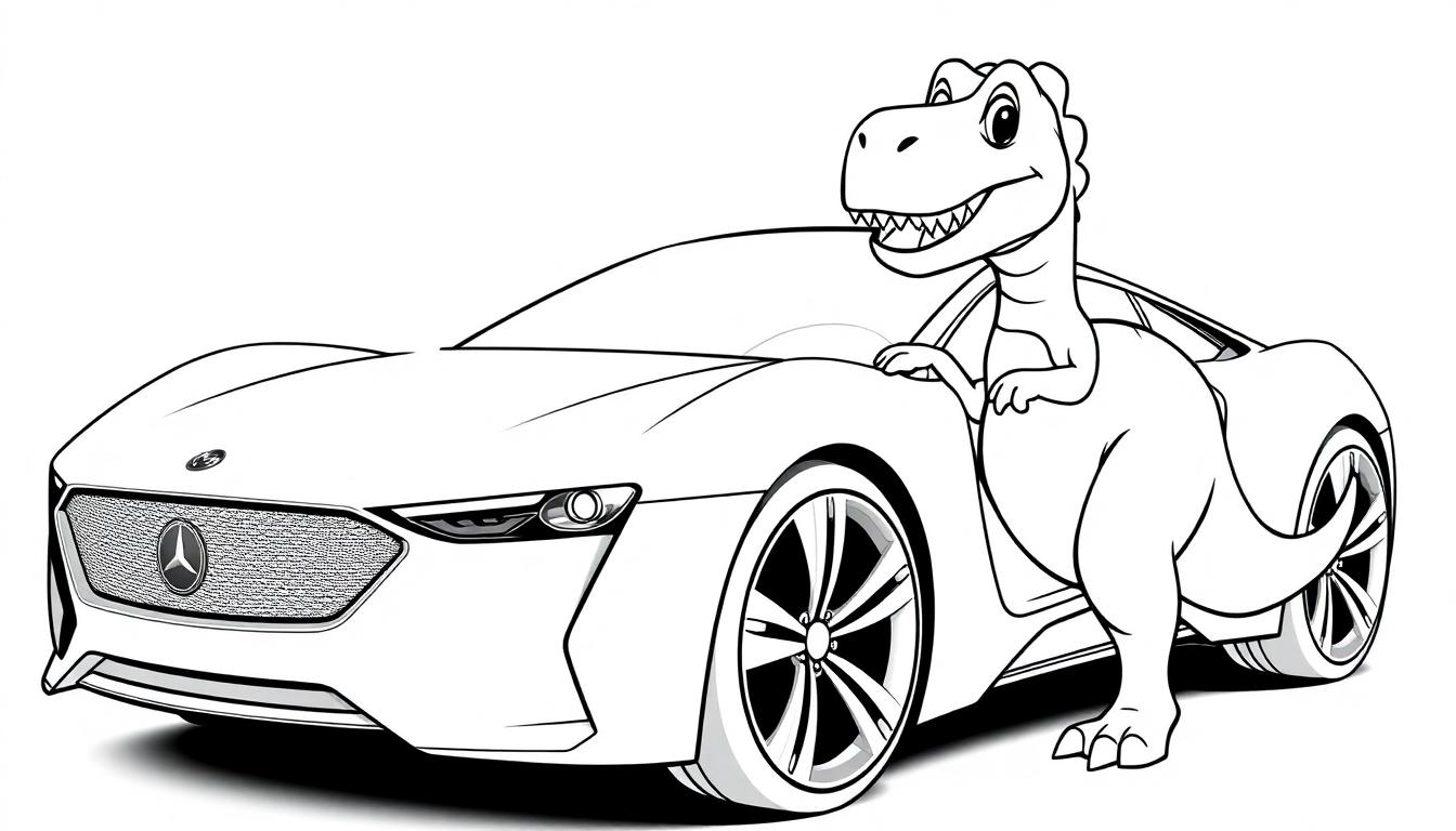 Kleurplaat van een lachende dinosaurus die leunt op een sportauto.