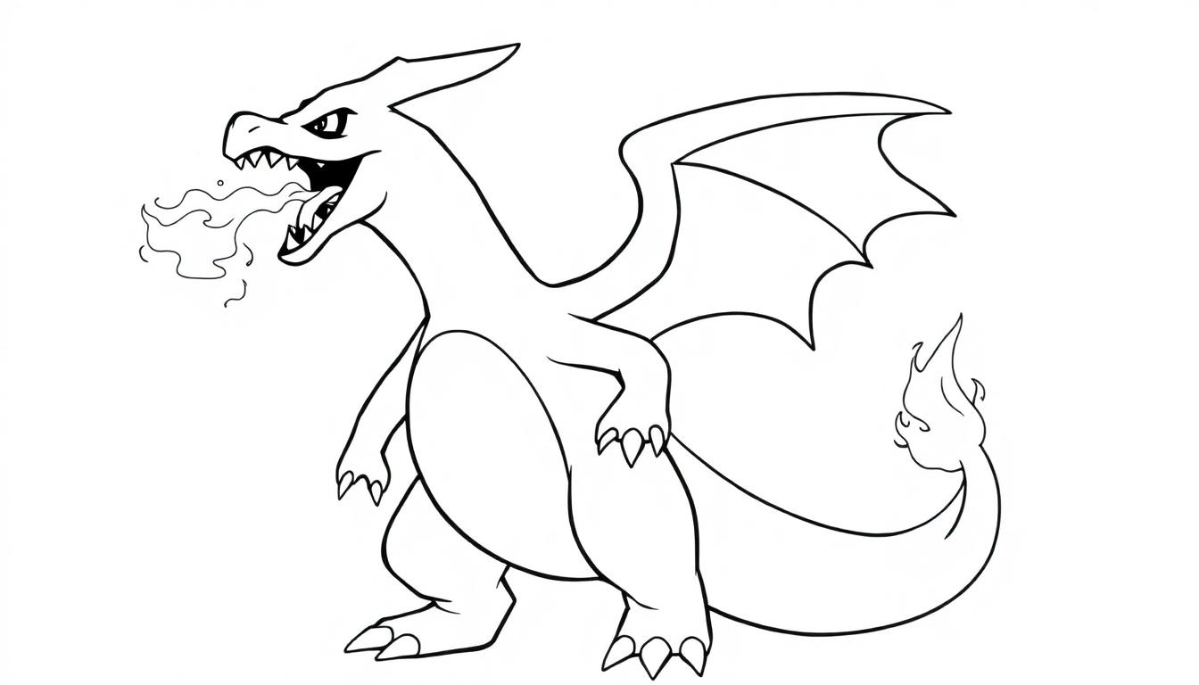 Kleurplaat van een stoere draak die vuur spuugt en grote vleugels heeft.