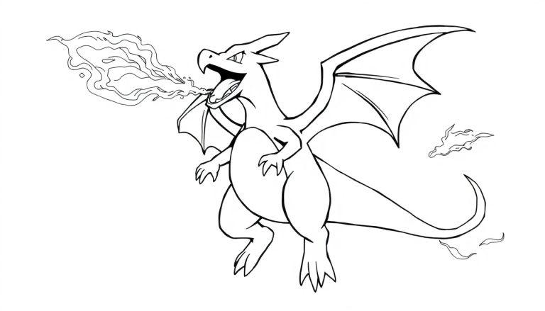 Een zwart-wit kleurplaat van een stoere Charizard die vuur spuwt.