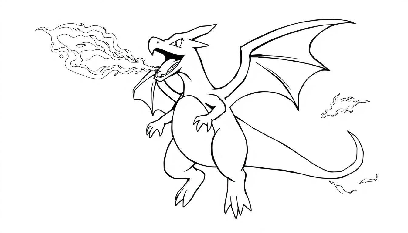 Een zwart-wit kleurplaat van een stoere Charizard die vuur spuwt.