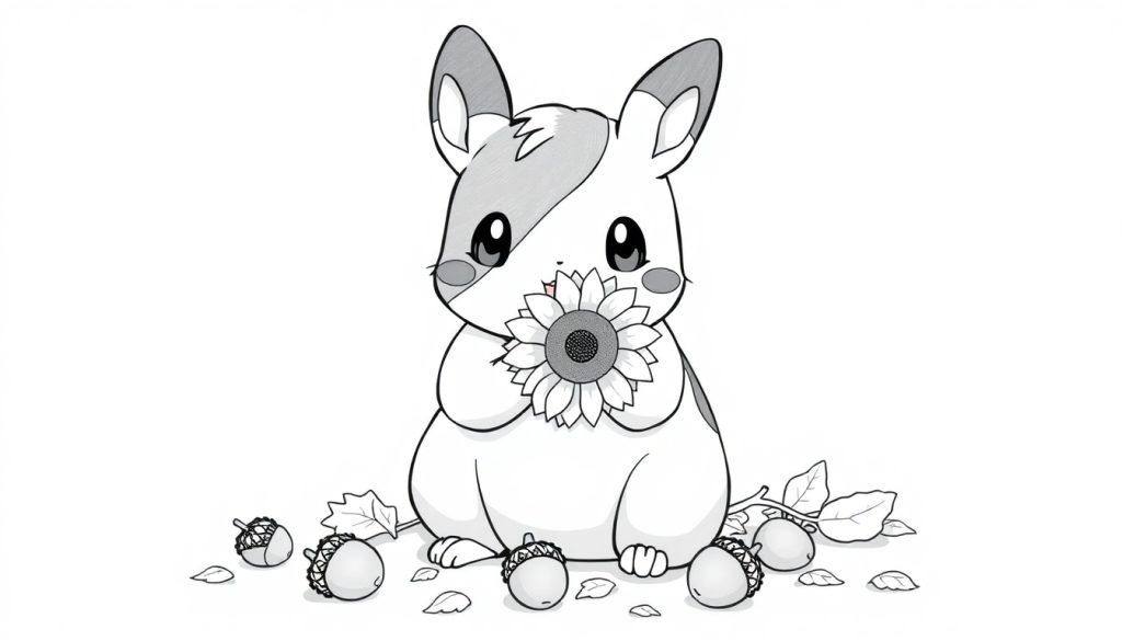 Kleurplaat van een schattige hamster-achtig dier, Morpeko, dat een zonnebloem vasthoudt.