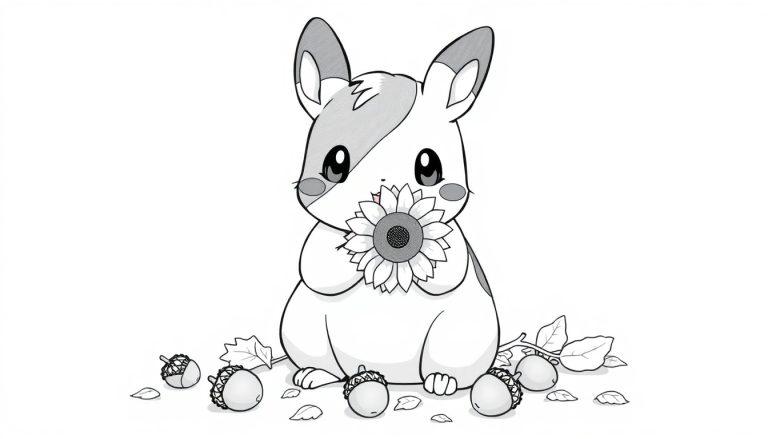 Kleurplaat van een schattige hamster-achtig dier, Morpeko, dat een zonnebloem vasthoudt.