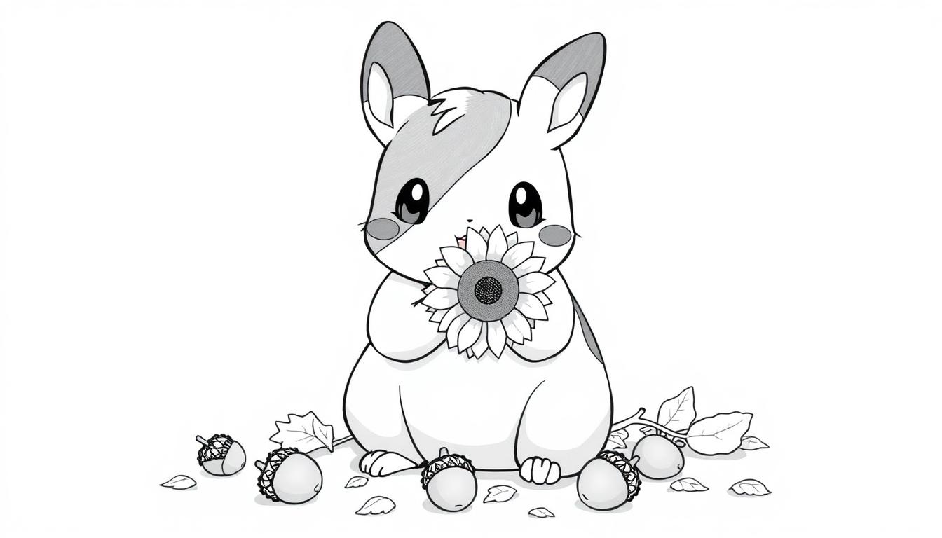 Kleurplaat van een schattige hamster-achtig dier, Morpeko, dat een zonnebloem vasthoudt.