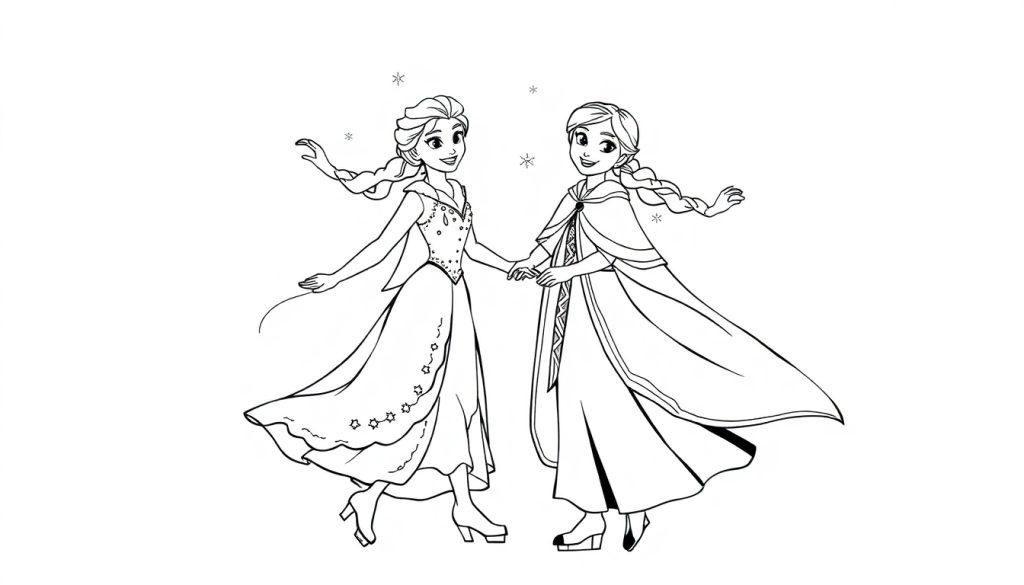 Kleurplaat van Elsa en Anna uit Frozen die vrolijk samen schaatsen, omringd door sneeuwvlokjes.