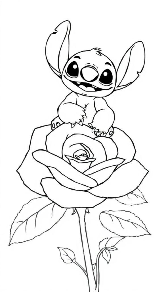 Kleurplaat van Stitch, een vrolijk wezen met grote oren, zittend op een bloeiende roos.