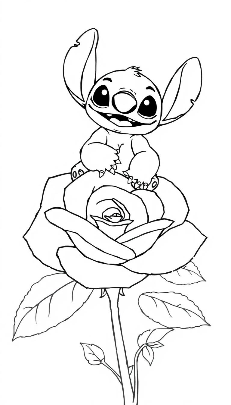 Kleurplaat van Stitch, een vrolijk wezen met grote oren, zittend op een bloeiende roos.