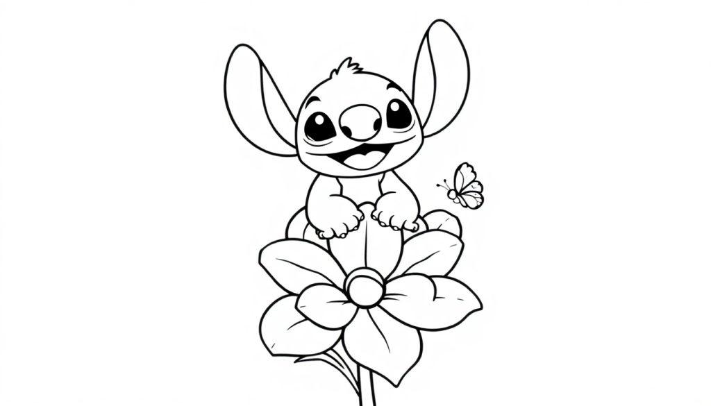 Kleurplaat van Stitch die vrolijk op een grote bloem zit met een vlinder ernaast.