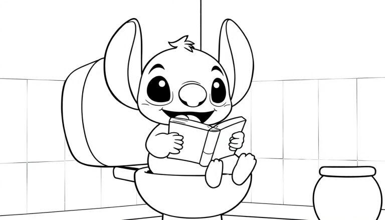 Kleurplaat van Stitch op een toilet met een boek, in een leuke badkameromgeving.