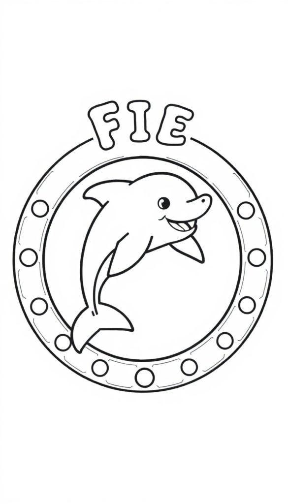 Kleurplaat van een glimlachende dolfijn in een ronde omlijsting met het woord 'FIE' erboven.