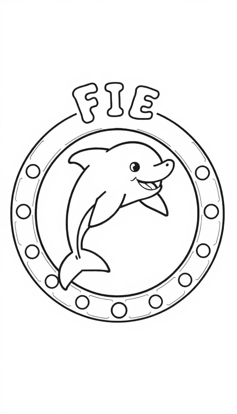 Kleurplaat van een glimlachende dolfijn in een ronde omlijsting met het woord 'FIE' erboven.