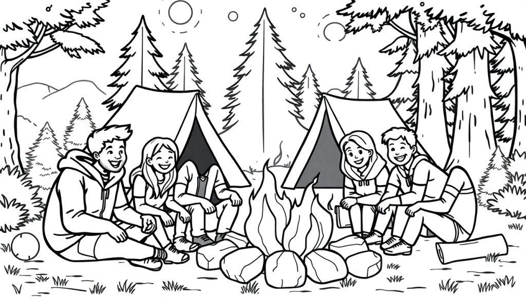 Kleurplaat van vier mensen rond een kampvuur in een bosrijke omgeving met tenten en bergen.