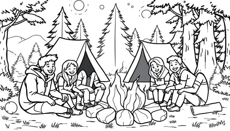 Kleurplaat van vier mensen rond een kampvuur in een bosrijke omgeving met tenten en bergen.