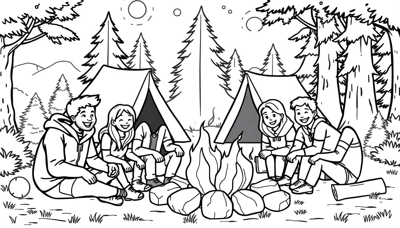 Kleurplaat van vier mensen rond een kampvuur in een bosrijke omgeving met tenten en bergen.