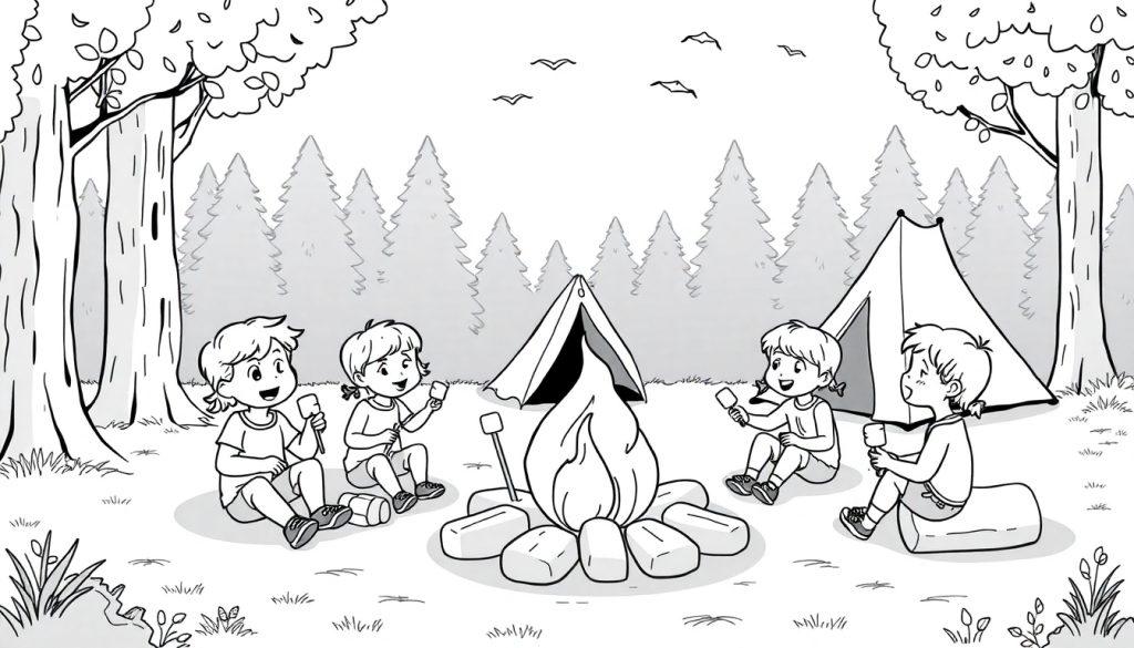 Zwart-wit kleurplaat van vier kinderen rond een kampvuur in een bos. Ze roosteren iets op stokjes en er is een tent en bomen te zien.