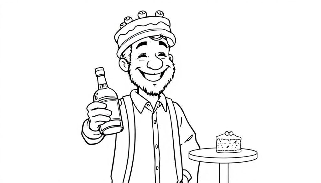 Een vrolijke kleurplaat van Matthew met een taartvormige kroon, een fles in zijn hand en een tafel met taart ernaast.
