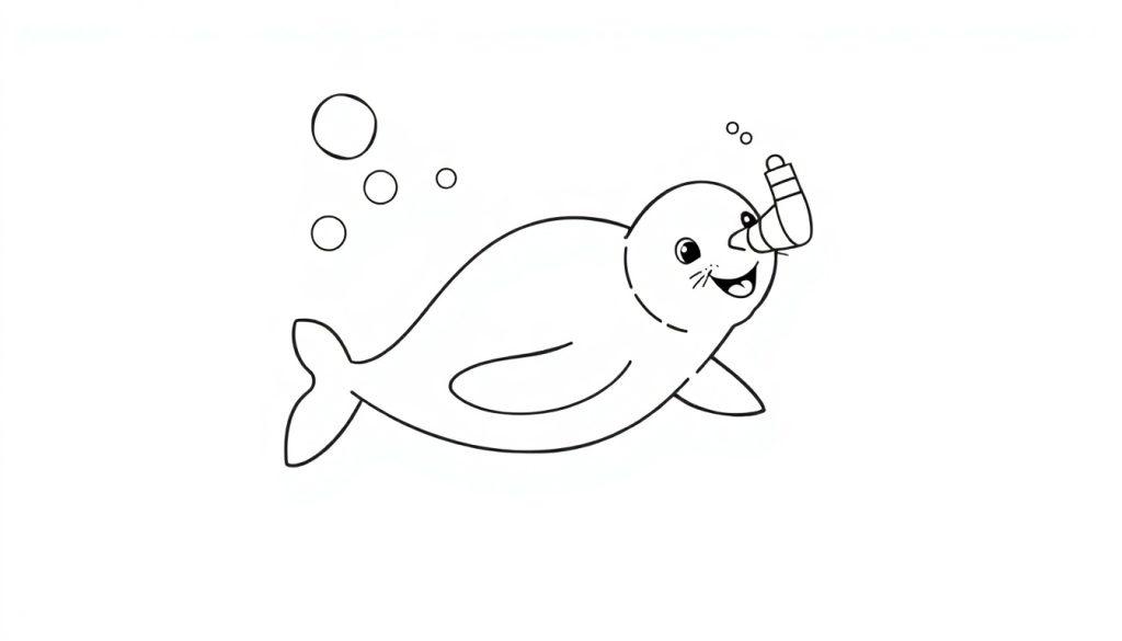 Leuke kleurplaat van een blije zeehond met een snorkel en luchtbelletjes.