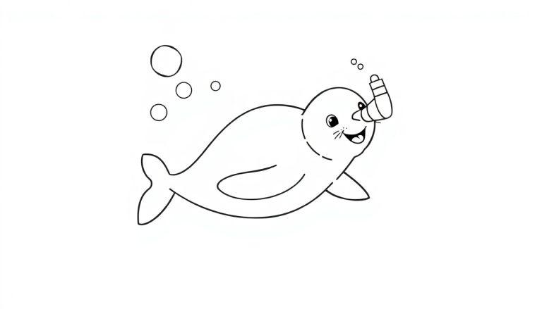 Leuke kleurplaat van een blije zeehond met een snorkel en luchtbelletjes.